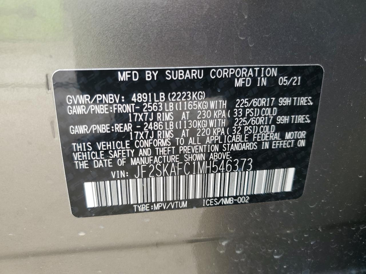 2021 Subaru Forester Premium VIN: JF2SKAFC1MH546373 Lot: 66117544
