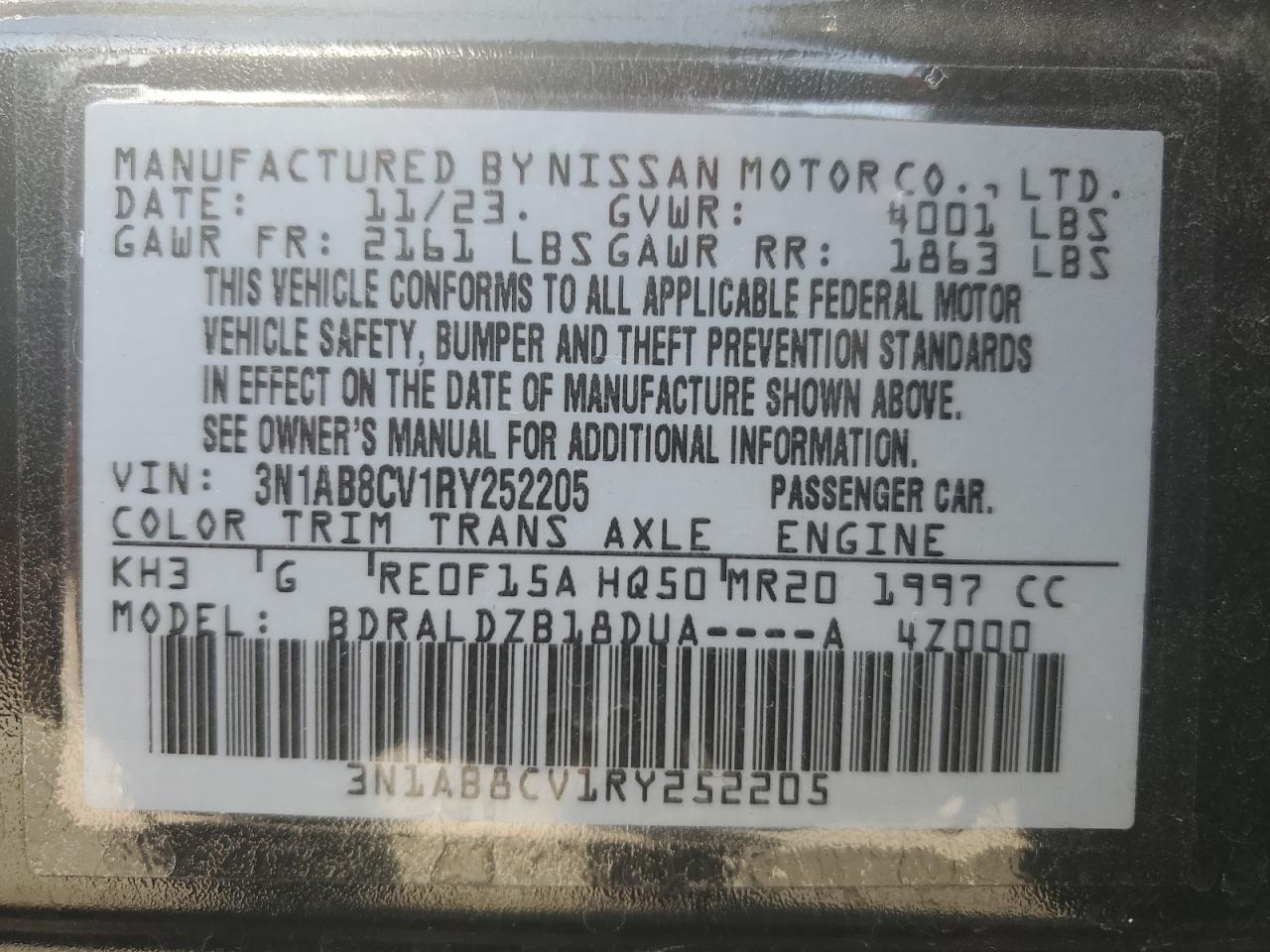 2024 Nissan Sentra Sv VIN: 3N1AB8CV1RY252205 Lot: 69645924