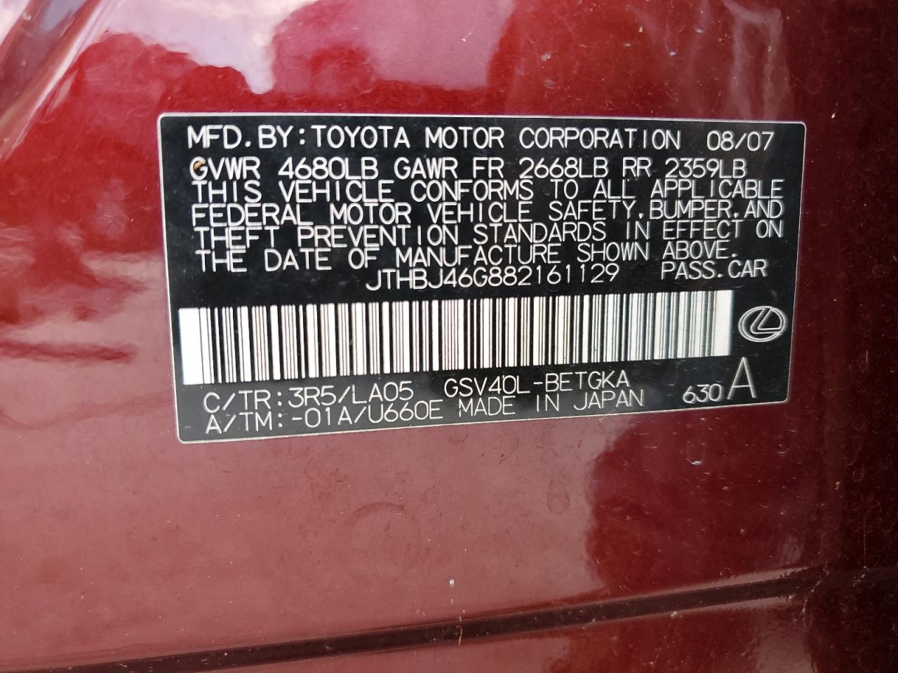 2008 Lexus Es 350 VIN: JTHBJ46G882161129 Lot: 66397534