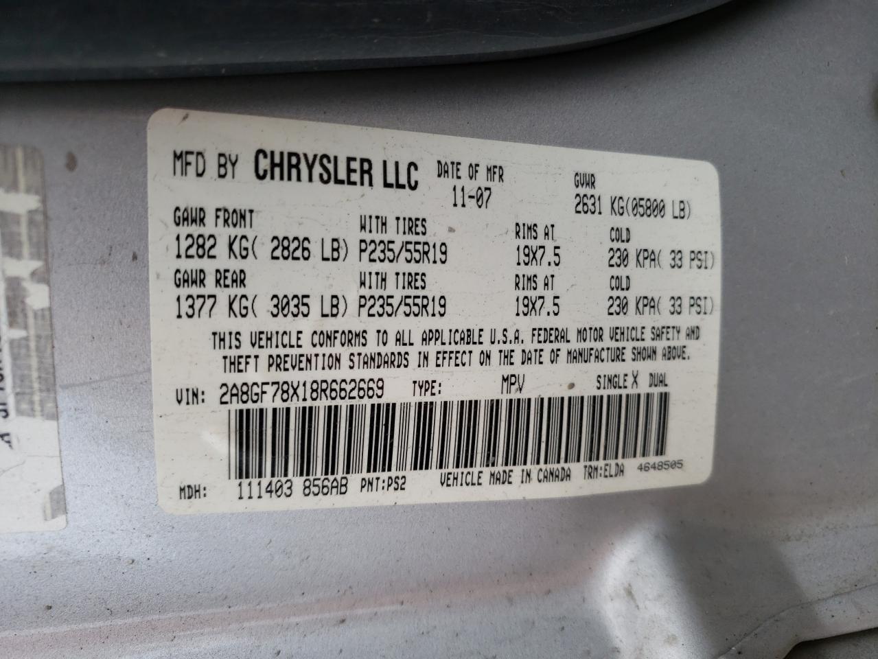 2A8GF78X18R662669 2008 Chrysler Pacifica Limited