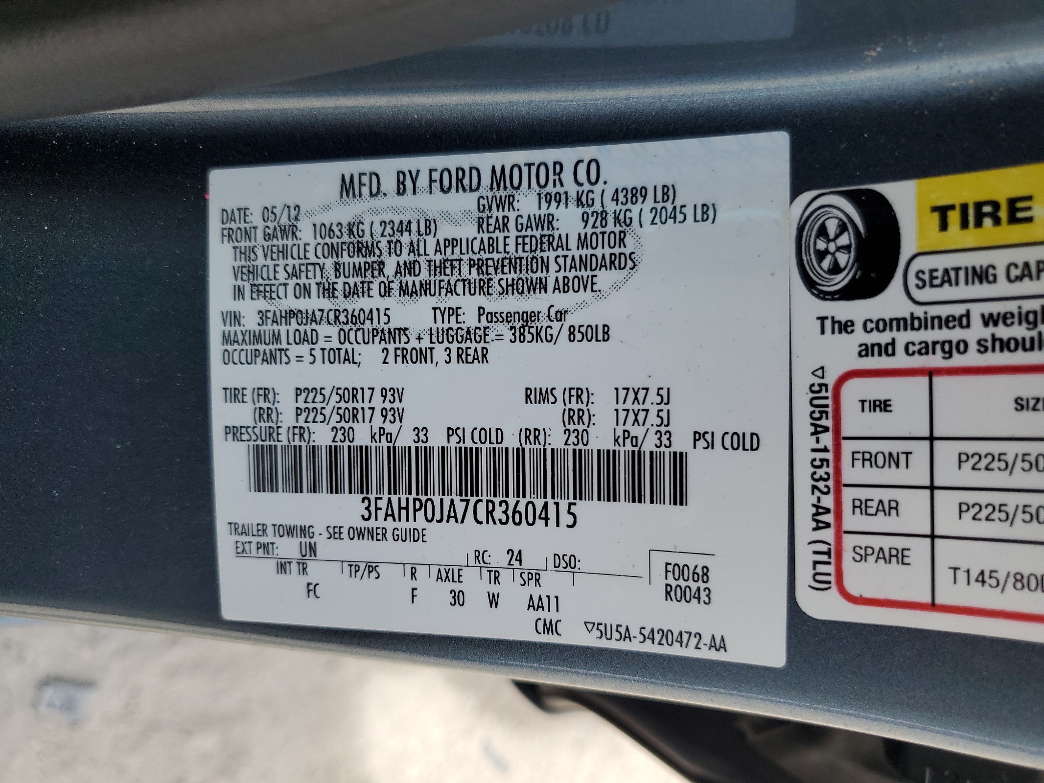 3FAHP0JA7CR360415 2012 Ford Fusion Sel