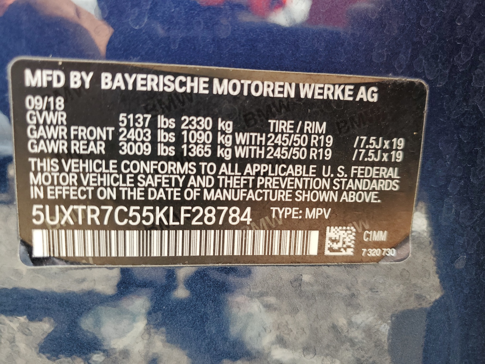 5UXTR7C55KLF28784 2019 BMW X3 Sdrive30I