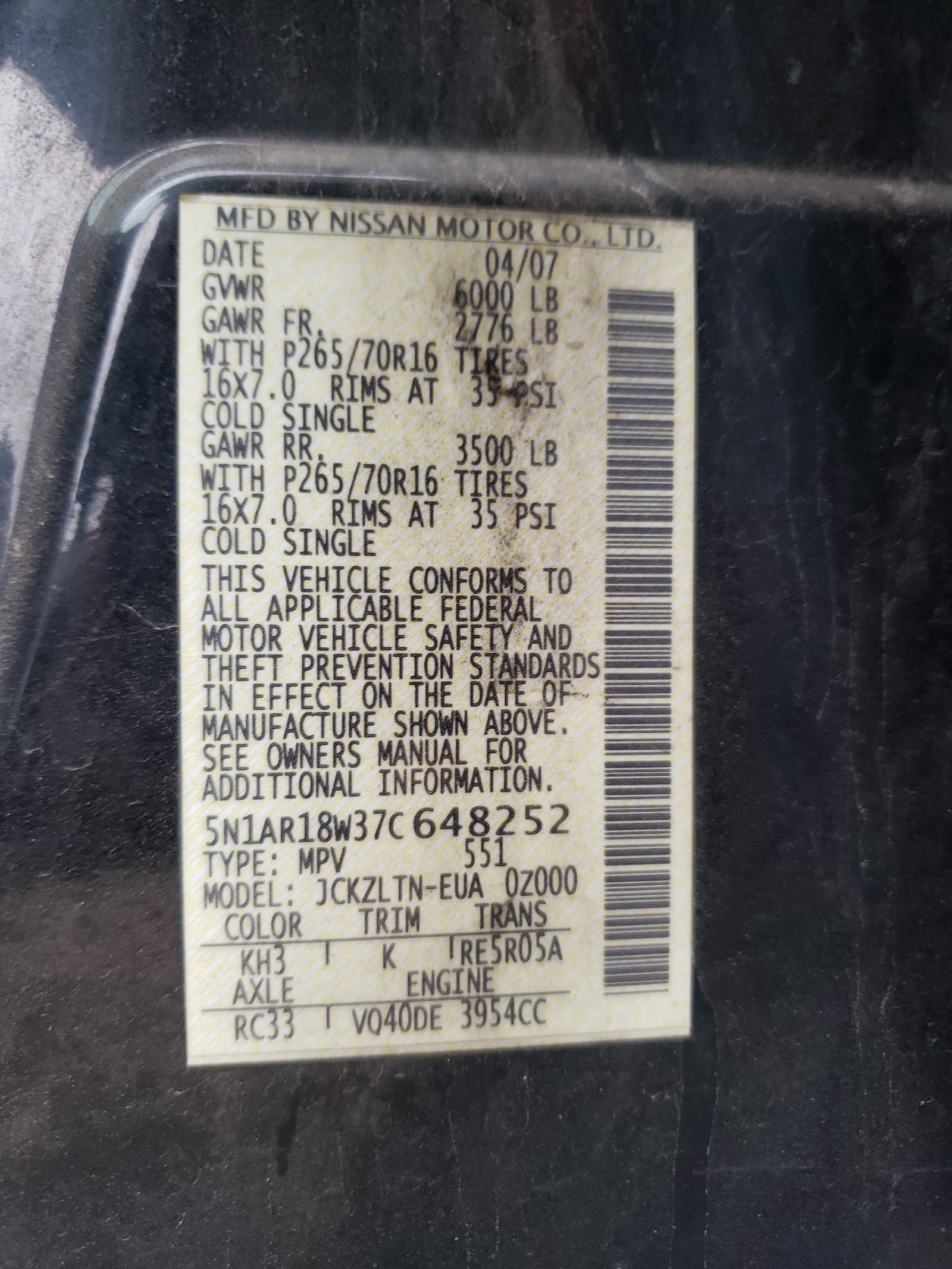 5N1AR18W37C648252 2007 Nissan Pathfinder Le