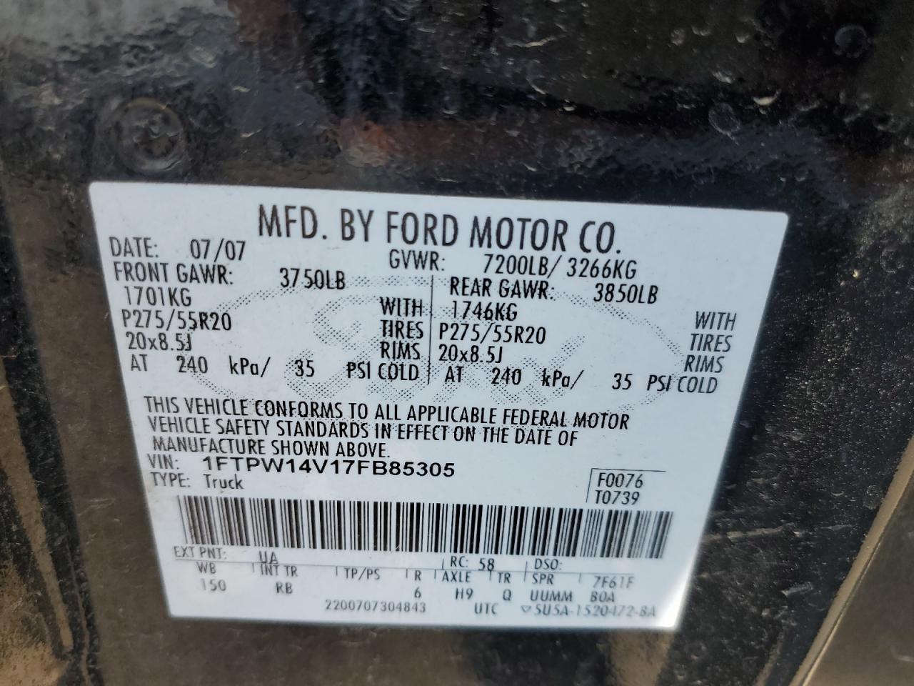 1FTPW14V17FB85305 2007 Ford F150 Supercrew