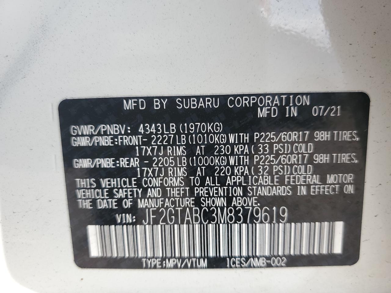 JF2GTABC3M8379619 2021 Subaru Crosstrek