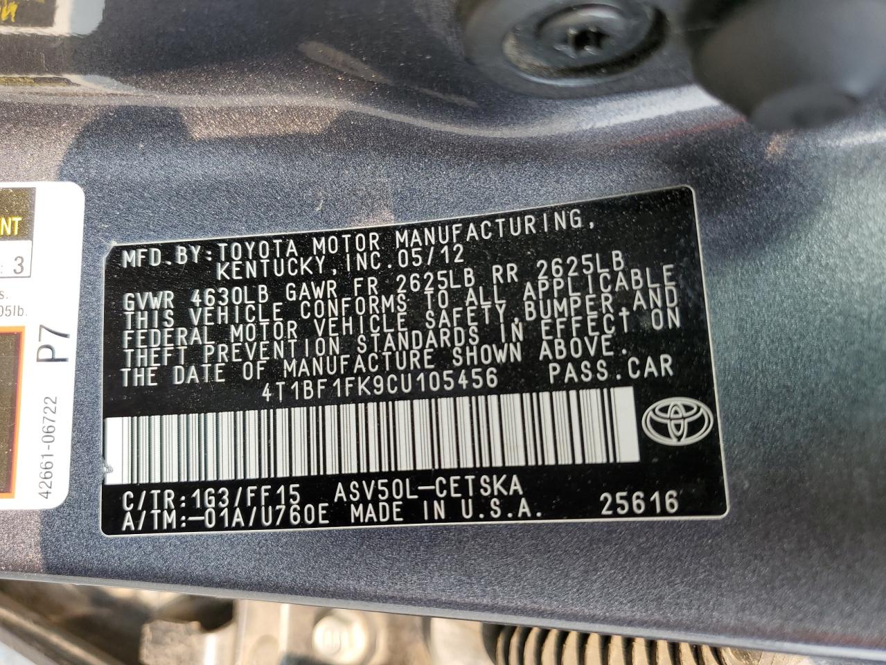 4T1BF1FK9CU105456 2012 Toyota Camry Base