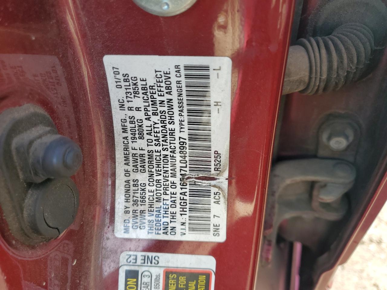 2007 Honda Civic Lx VIN: 1HGFA16547L048997 Lot: 67482084