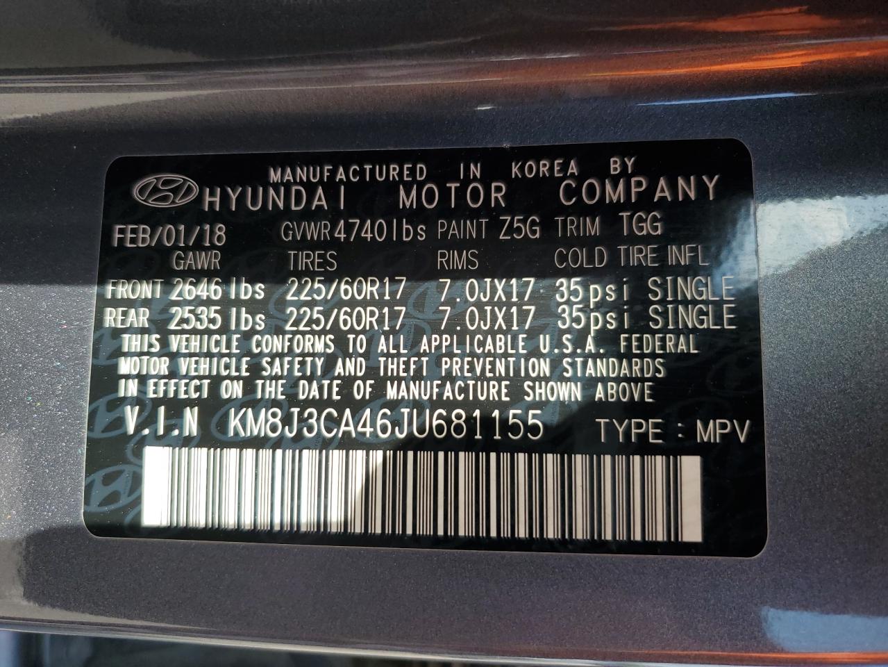 KM8J3CA46JU681155 2018 Hyundai Tucson Sel