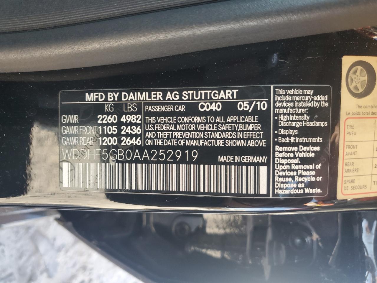 2010 Mercedes-Benz E 350 VIN: WDDHF5GB0AA252919 Lot: 66559794