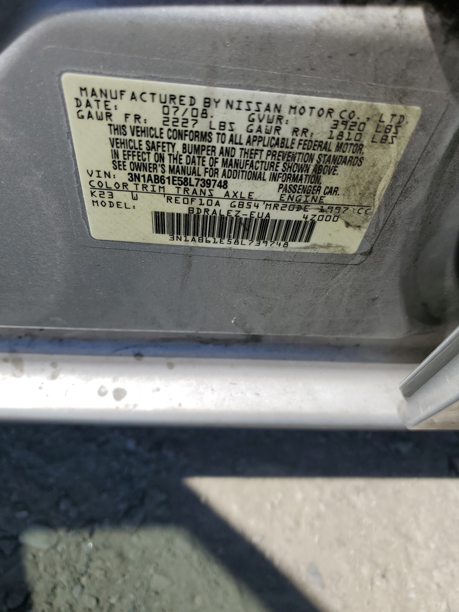 3N1AB61E58L739748 2008 Nissan Sentra 2.0