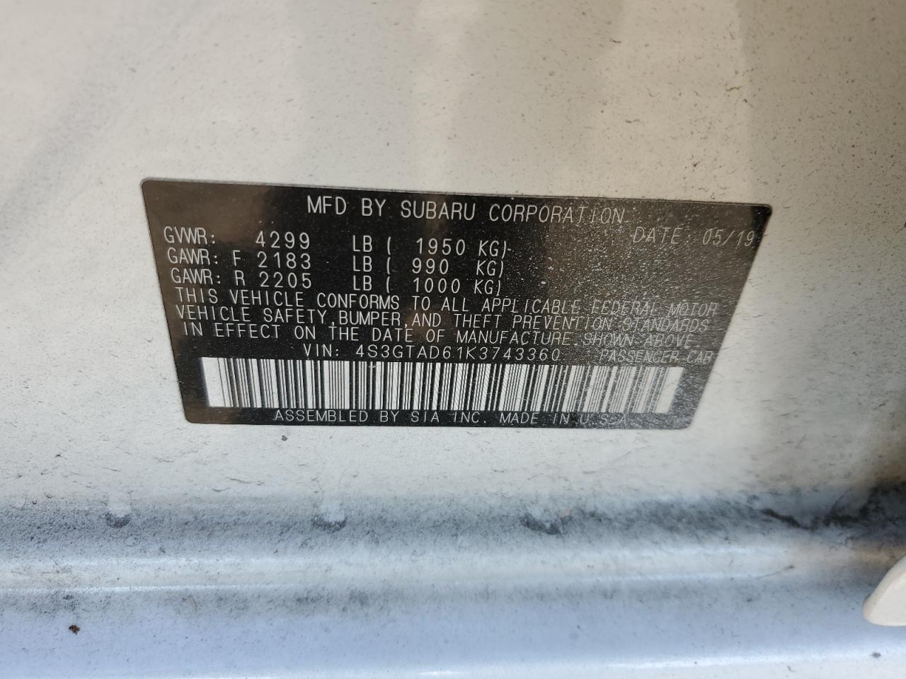 2019 Subaru Impreza Premium VIN: 4S3GTAD61K3743360 Lot: 65764314