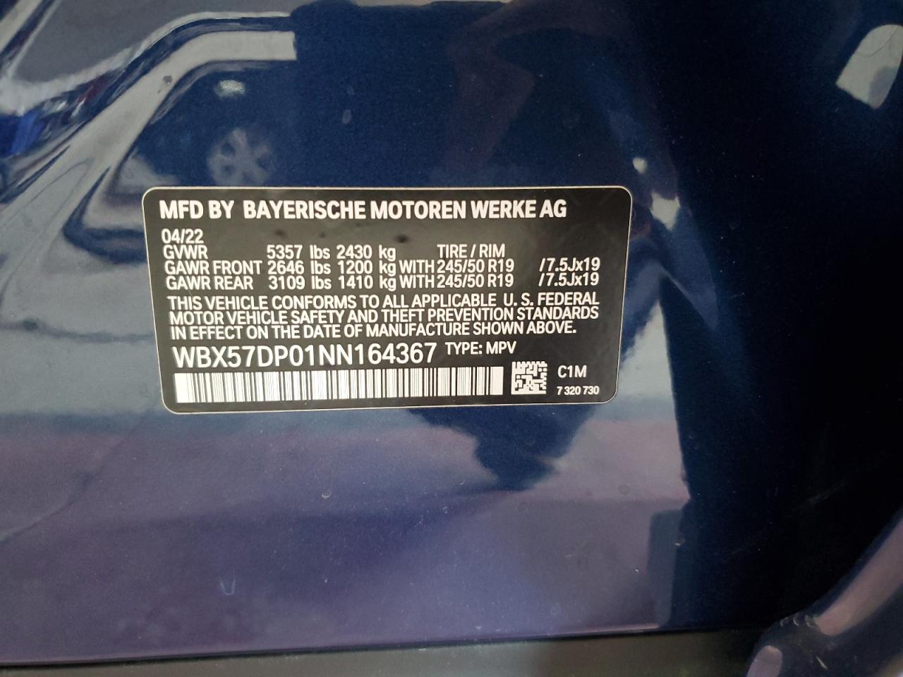 2022 BMW X3 xDrive30I VIN: WBX57DP01NN164367 Lot: 67079404