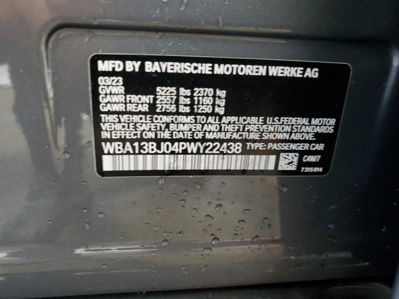 2023 BMW 530 Xi VIN: WBA13BJ04PWY22438 Lot: 67800774