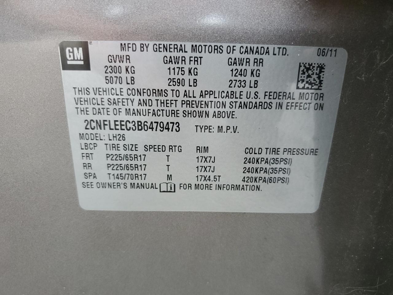 2011 Chevrolet Equinox Lt VIN: 2CNFLEEC3B6479473 Lot: 68306504