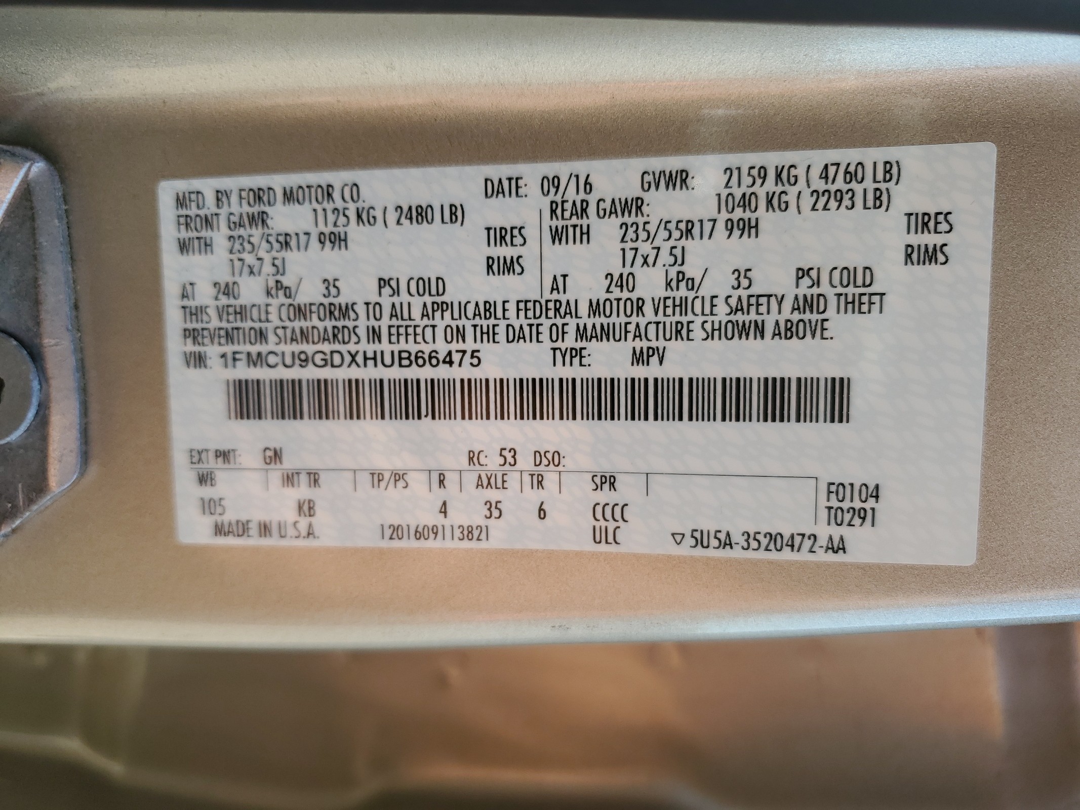 1FMCU9GDXHUB66475 2017 Ford Escape Se