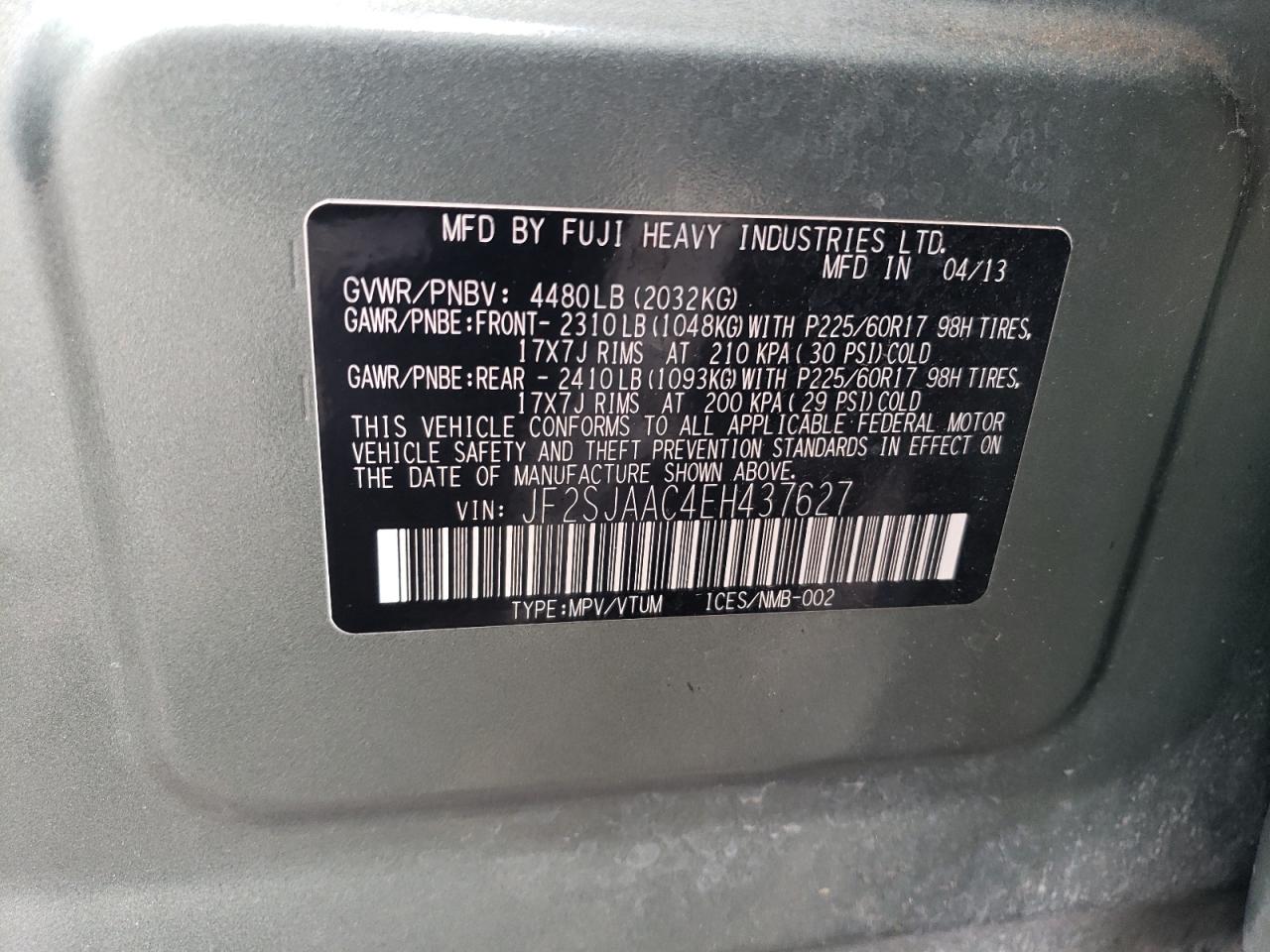 2014 Subaru Forester 2.5I VIN: JF2SJAAC4EH437627 Lot: 66440604