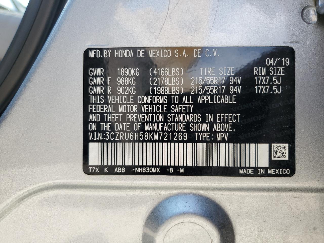 2019 Honda Hr-V Ex VIN: 3CZRU6H58KM721269 Lot: 66860014