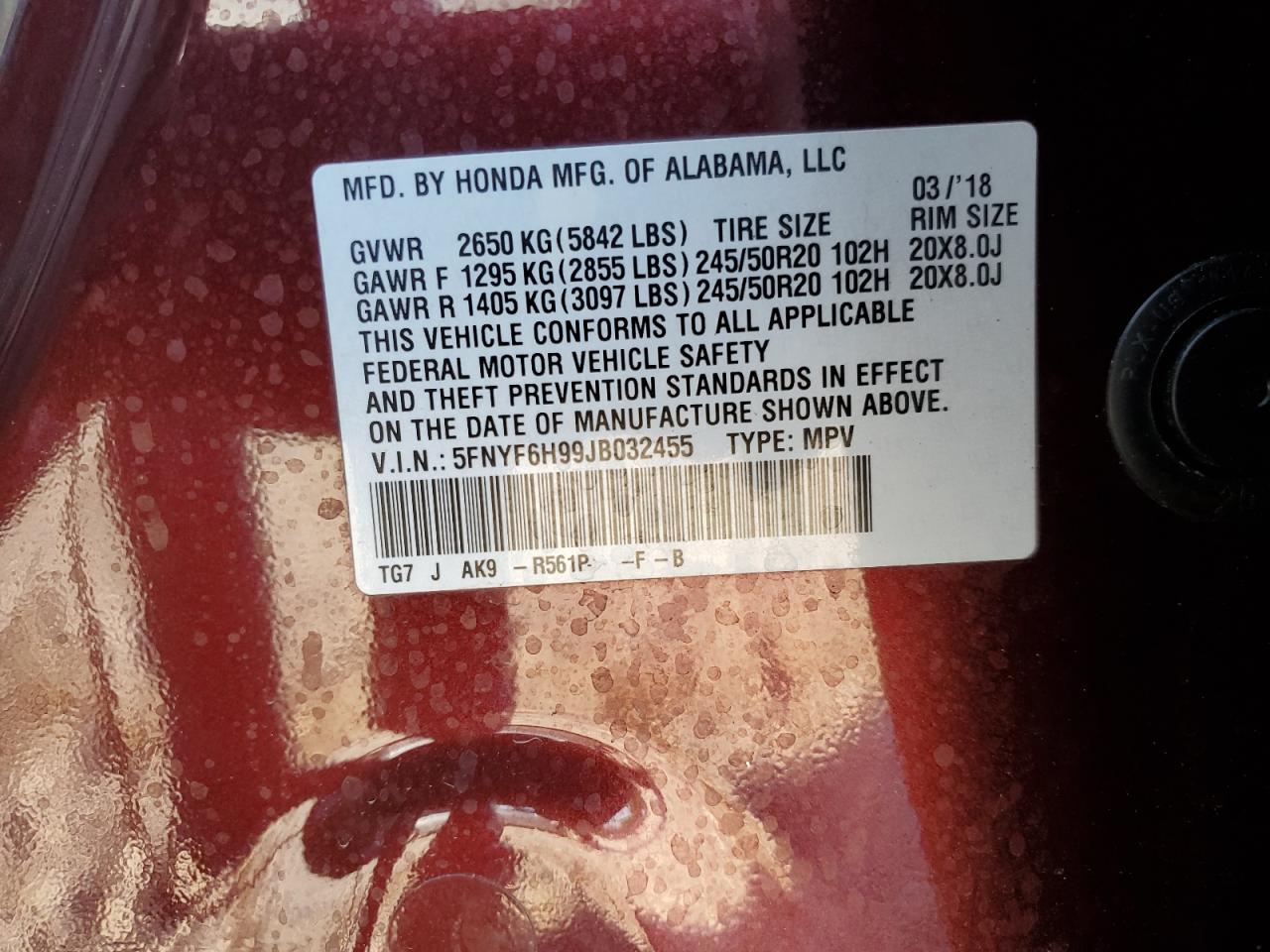 2018 Honda Pilot Touring VIN: 5FNYF6H99JB032455 Lot: 66592174