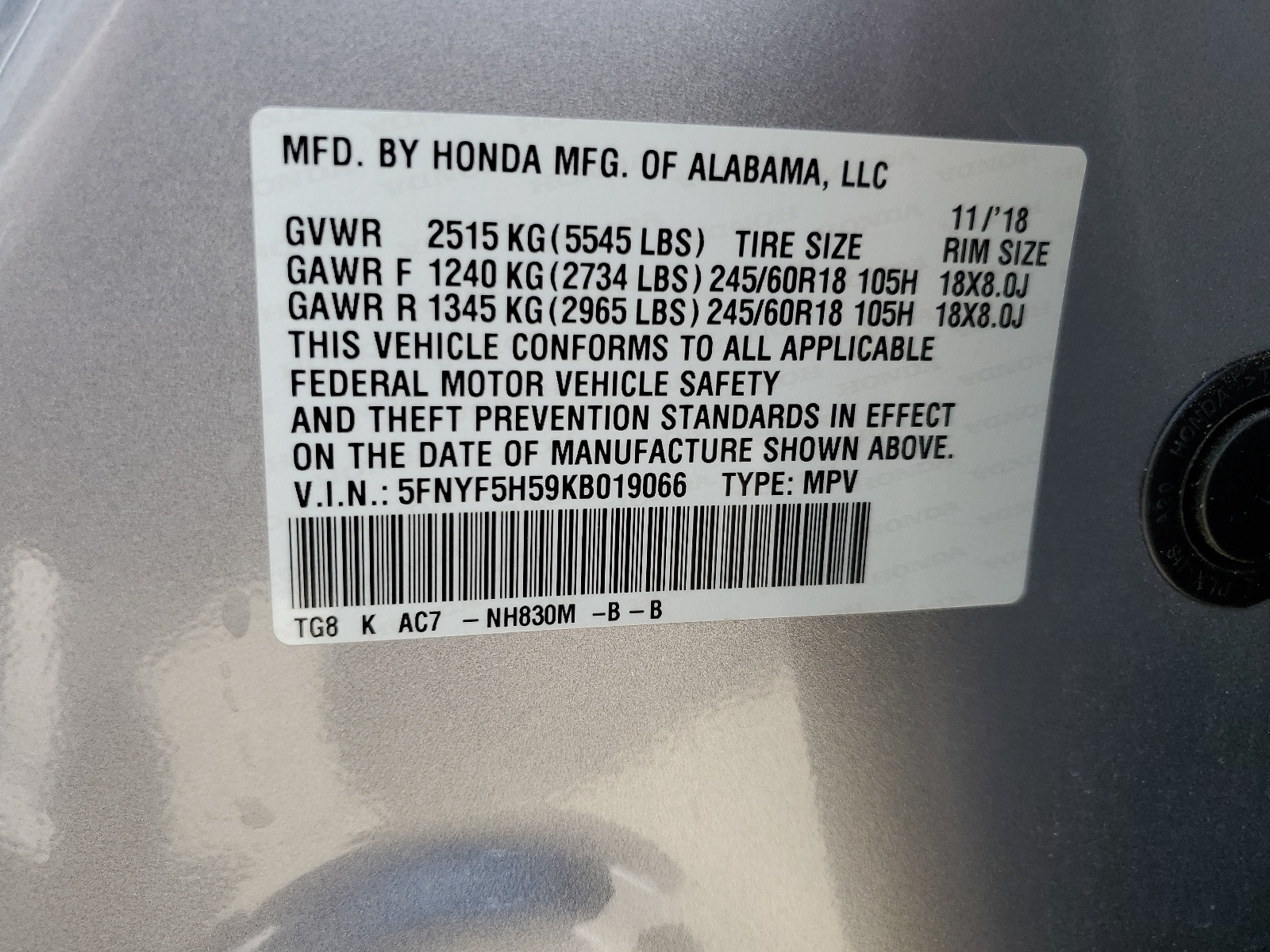 5FNYF5H59KB019066 2019 Honda Pilot Exl