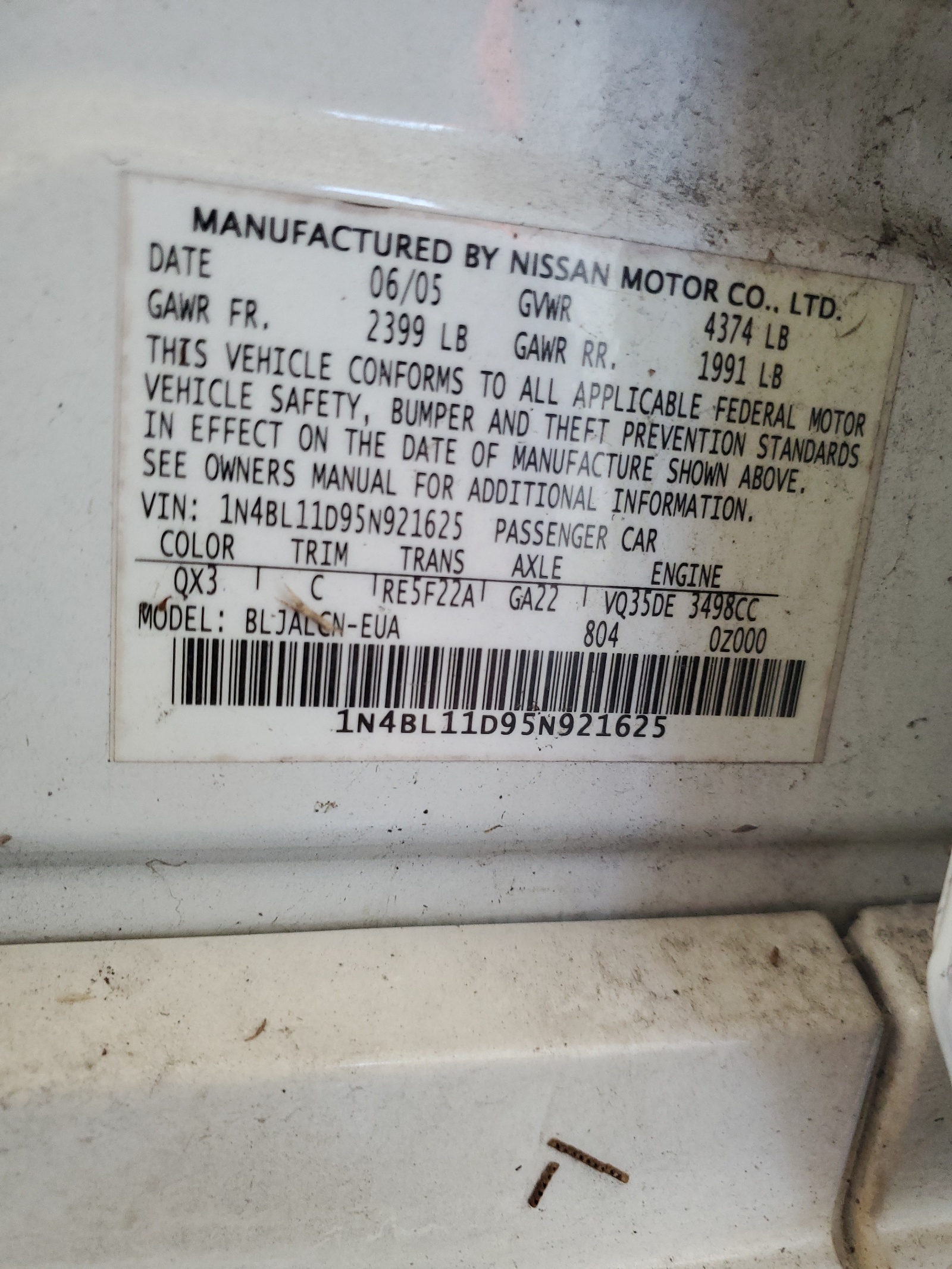 1N4BL11D95N921625 2005 Nissan Altima Se
