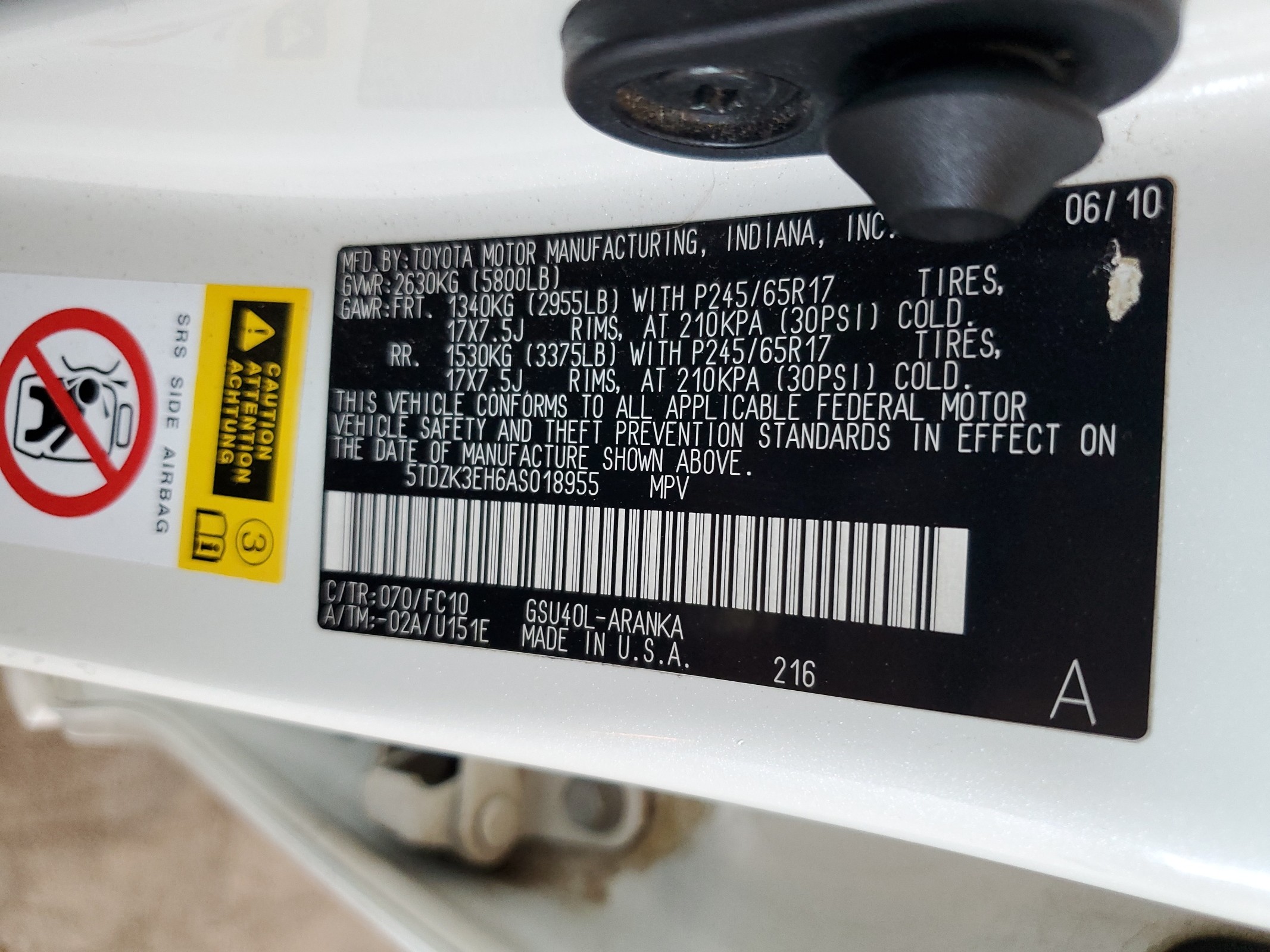 5TDZK3EH6AS018955 2010 Toyota Highlander