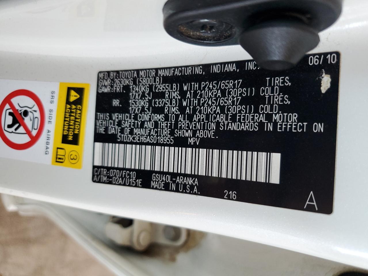 2010 Toyota Highlander VIN: 5TDZK3EH6AS018955 Lot: 65938324