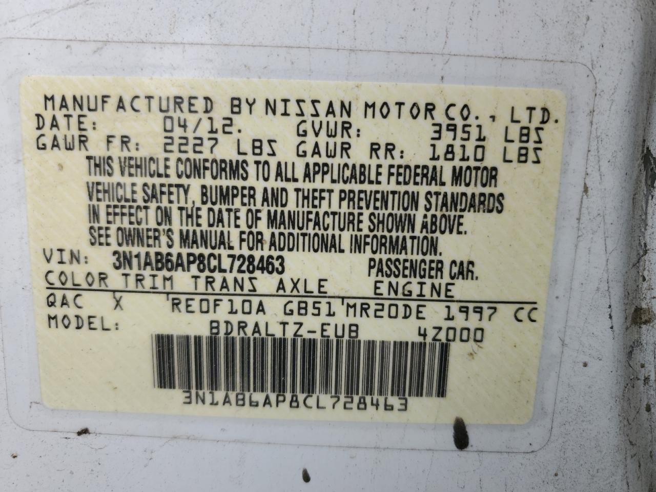 3N1AB6AP8CL728463 2012 Nissan Sentra 2.0