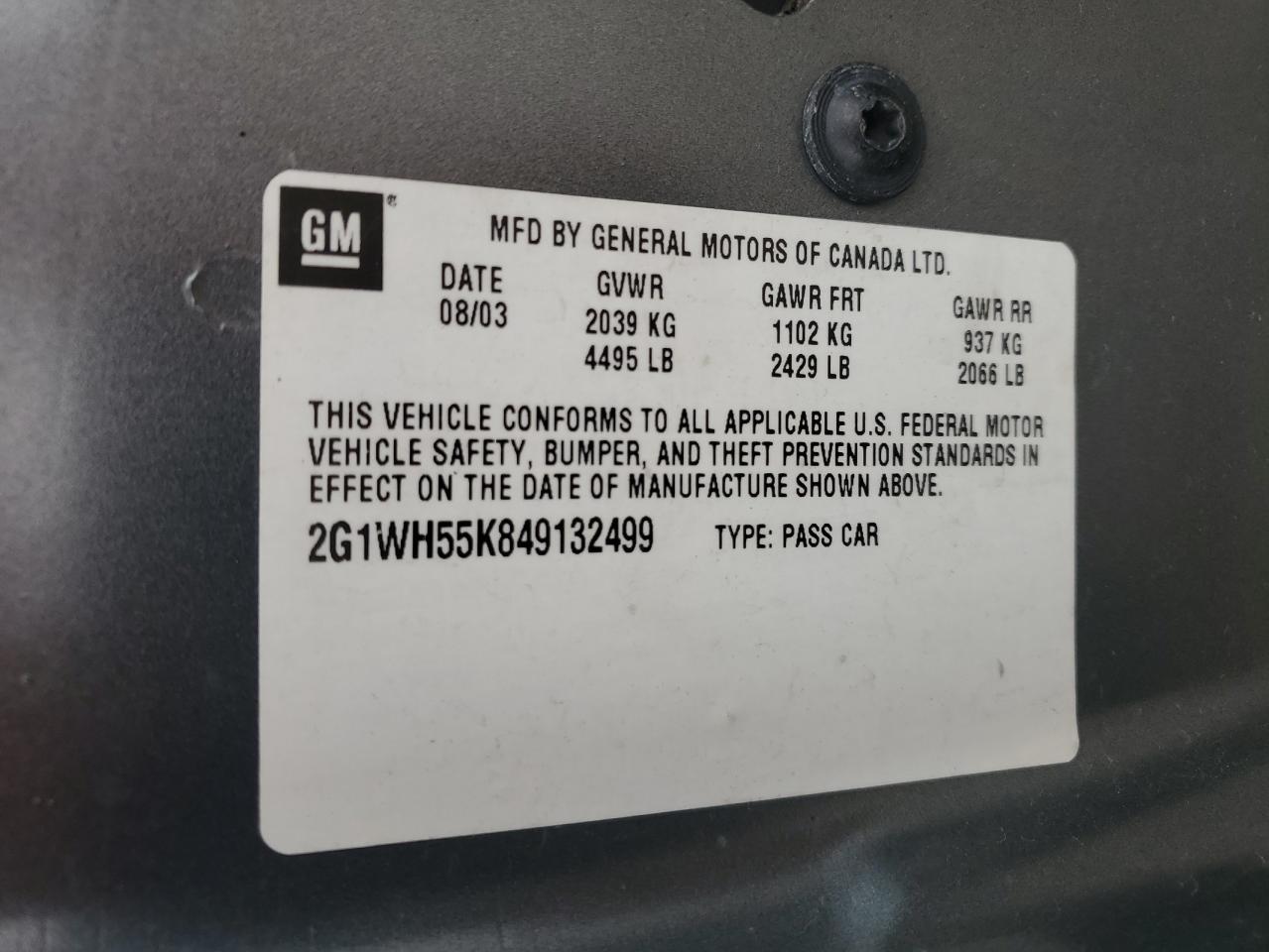 2004 Chevrolet Impala Ls VIN: 2G1WH55K849132499 Lot: 65133884