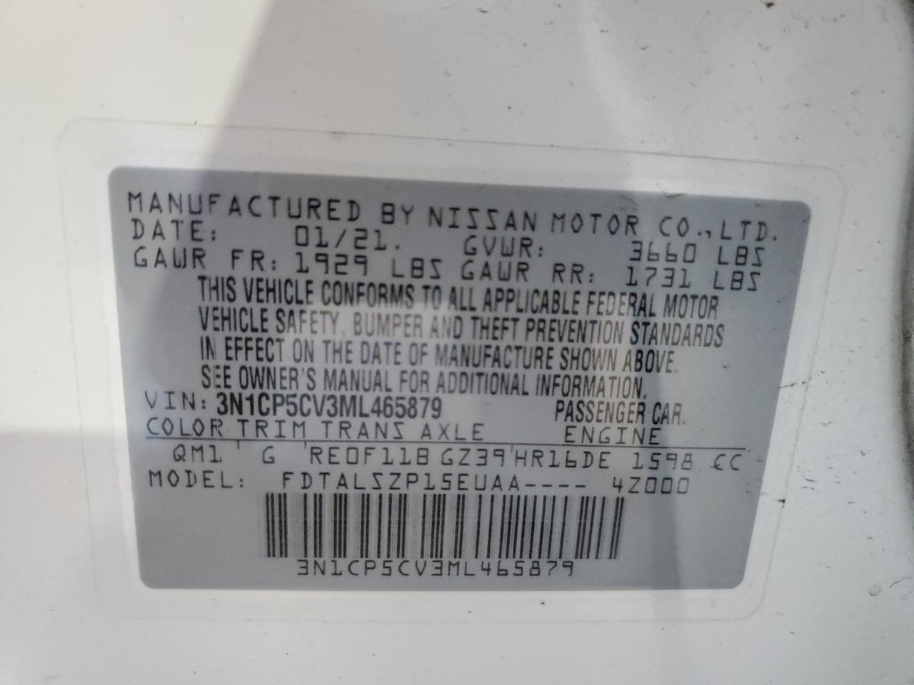 2021 Nissan Kicks Sv VIN: 3N1CP5CV3ML465879 Lot: 67091284