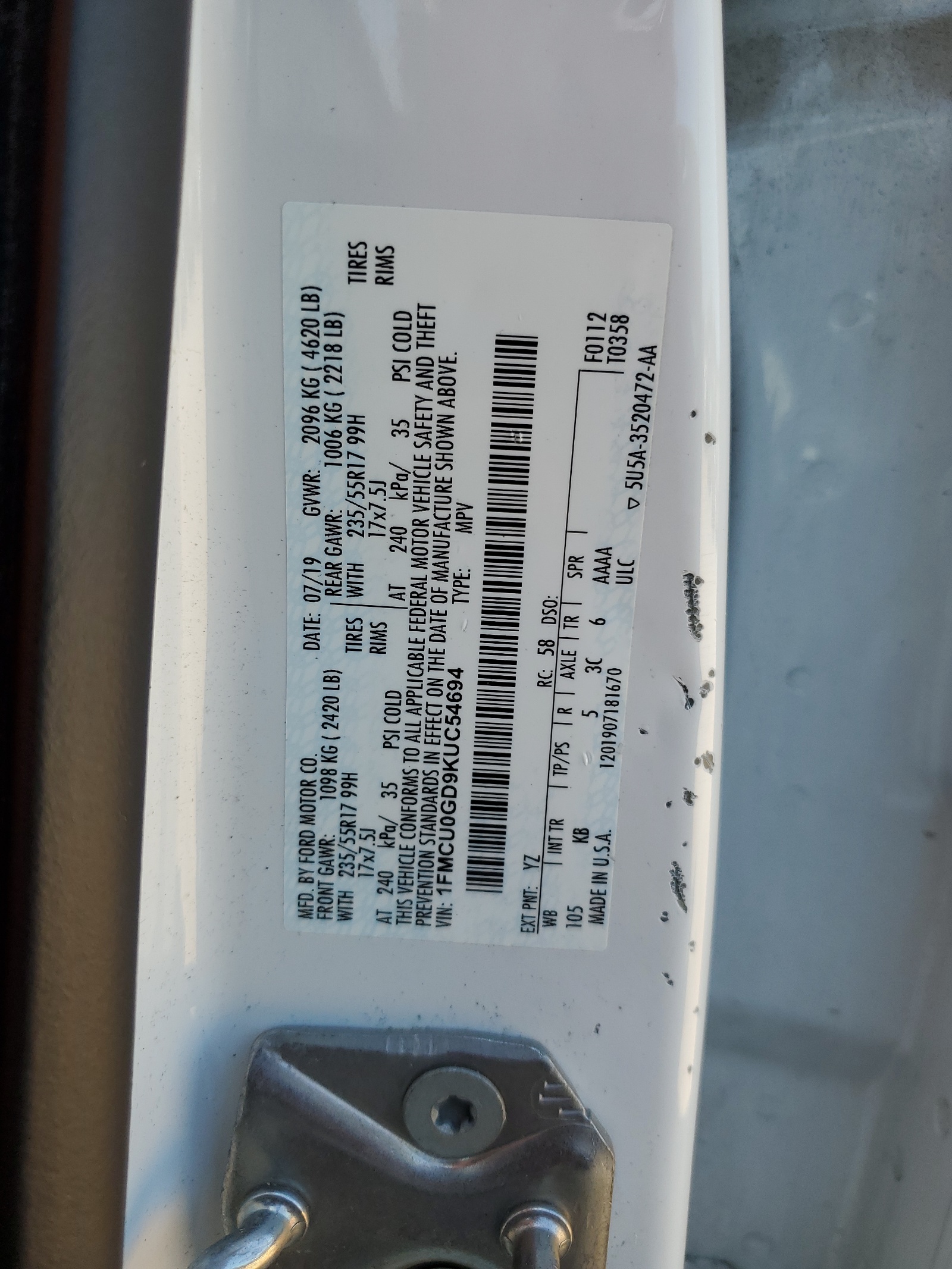 1FMCU0GD9KUC54694 2019 Ford Escape Se