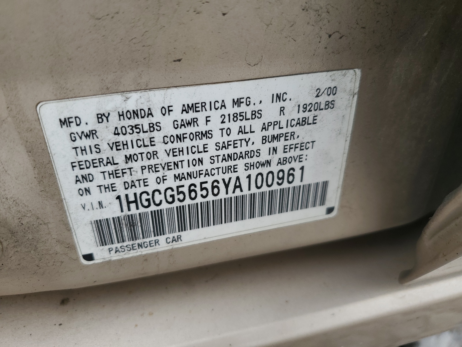 1HGCG5656YA100961 2000 Honda Accord Ex