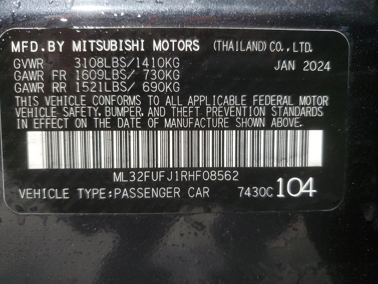 2024 Mitsubishi Mirage G4 Es VIN: ML32FUFJ1RHF08562 Lot: 67134444