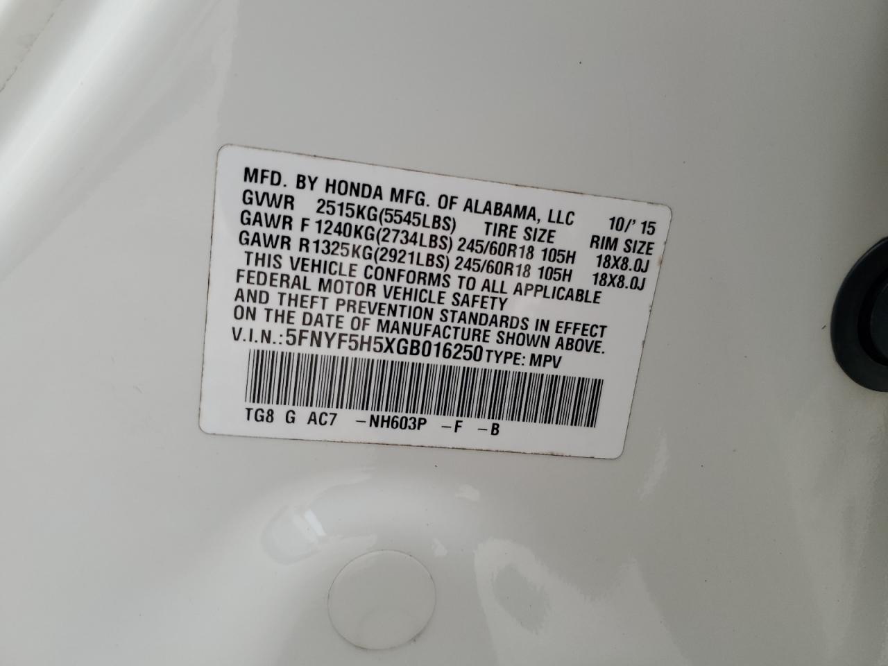 2016 Honda Pilot Exl VIN: 5FNYF5H5XGB016250 Lot: 68007544