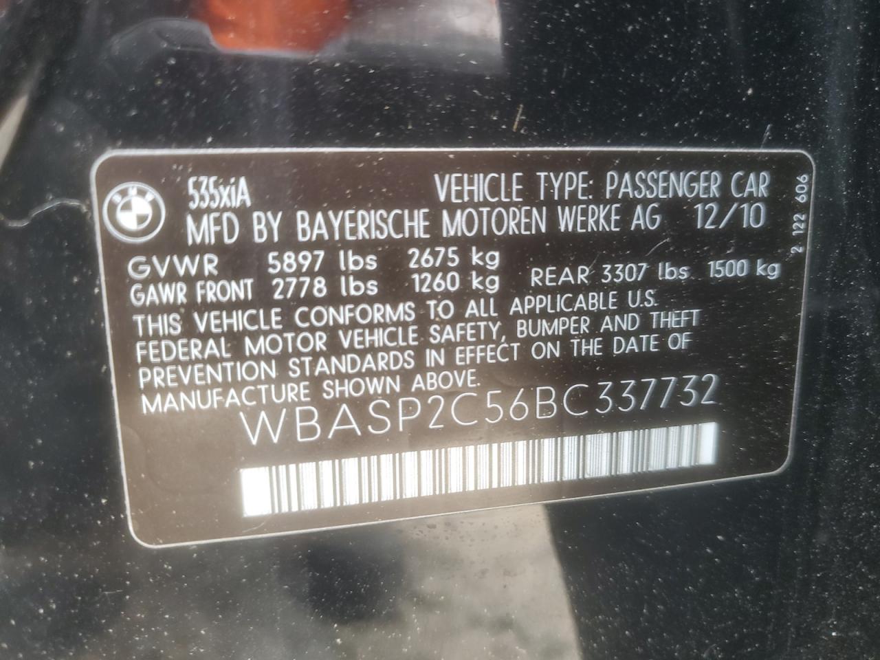 2011 BMW 535 Xigt VIN: WBASP2C56BC337732 Lot: 68432694