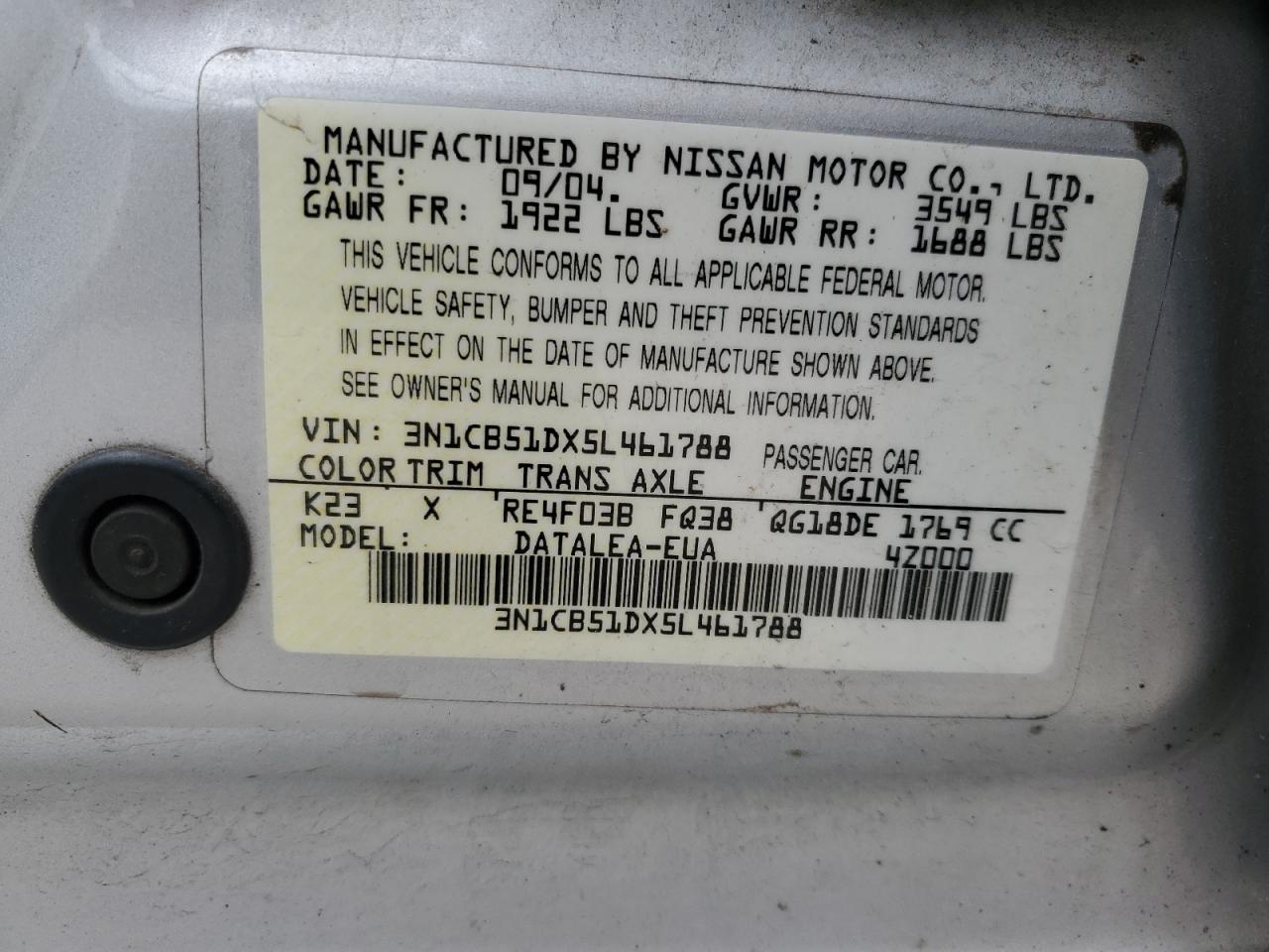 2005 Nissan Sentra 1.8 VIN: 3N1CB51DX5L461788 Lot: 64528314