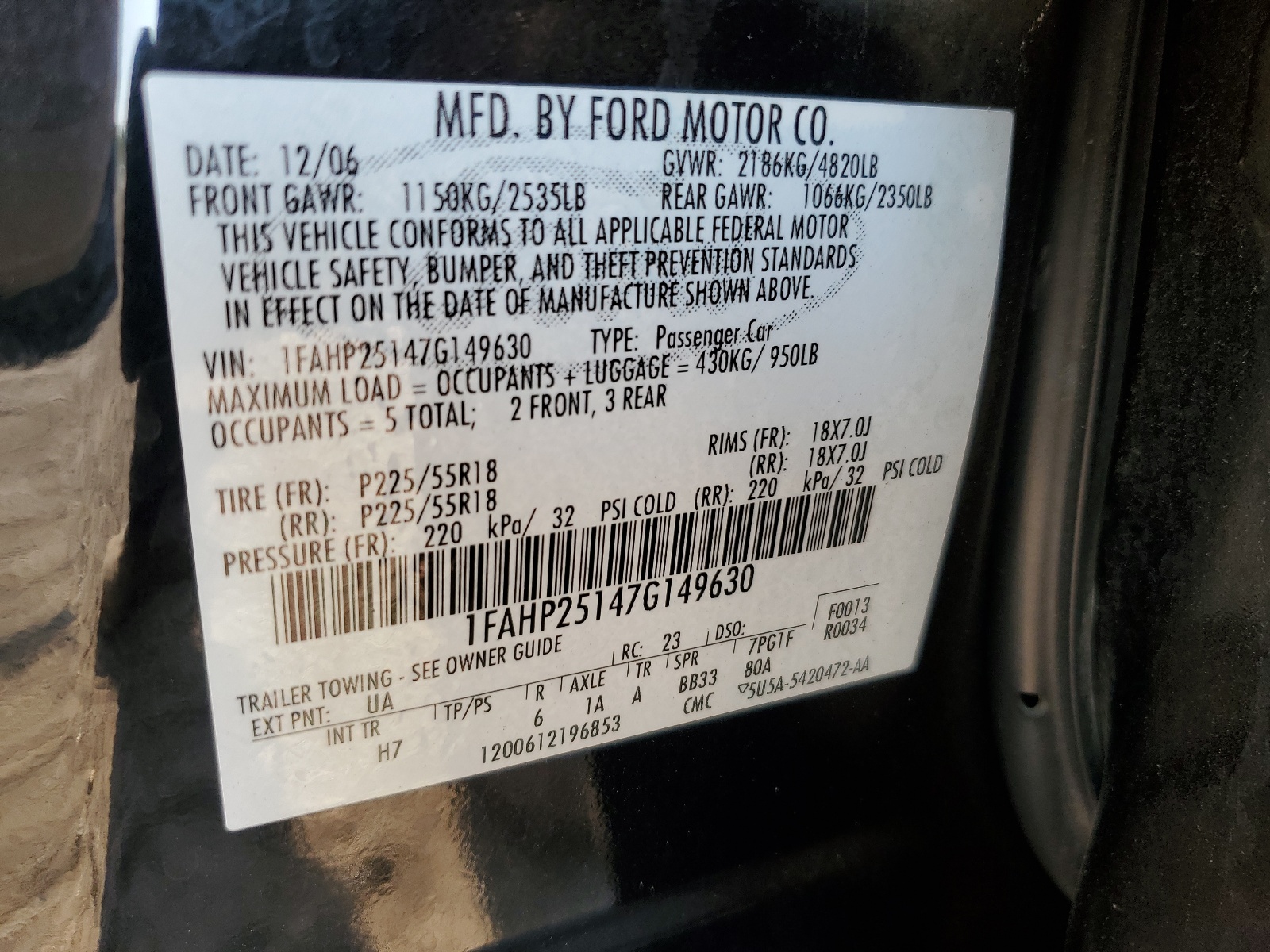 1FAHP25147G149630 2007 Ford Five Hundred Limited