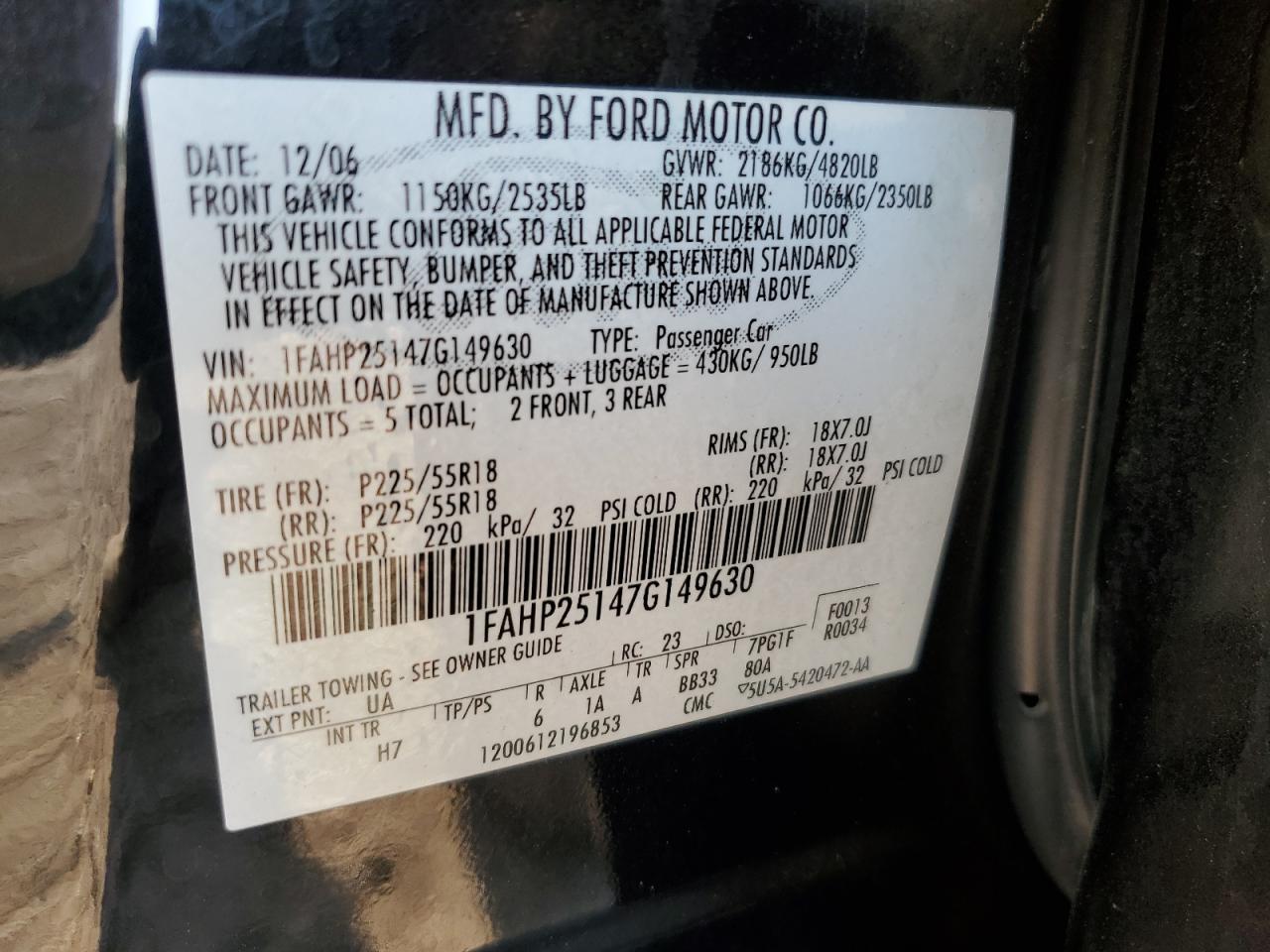 2007 Ford Five Hundred Limited VIN: 1FAHP25147G149630 Lot: 66336174