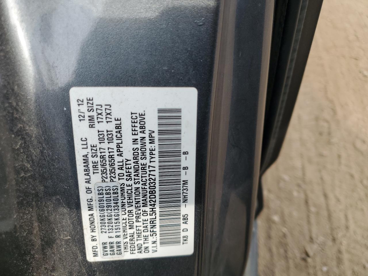 5FNRL5H42DB032717 2013 Honda Odyssey Ex