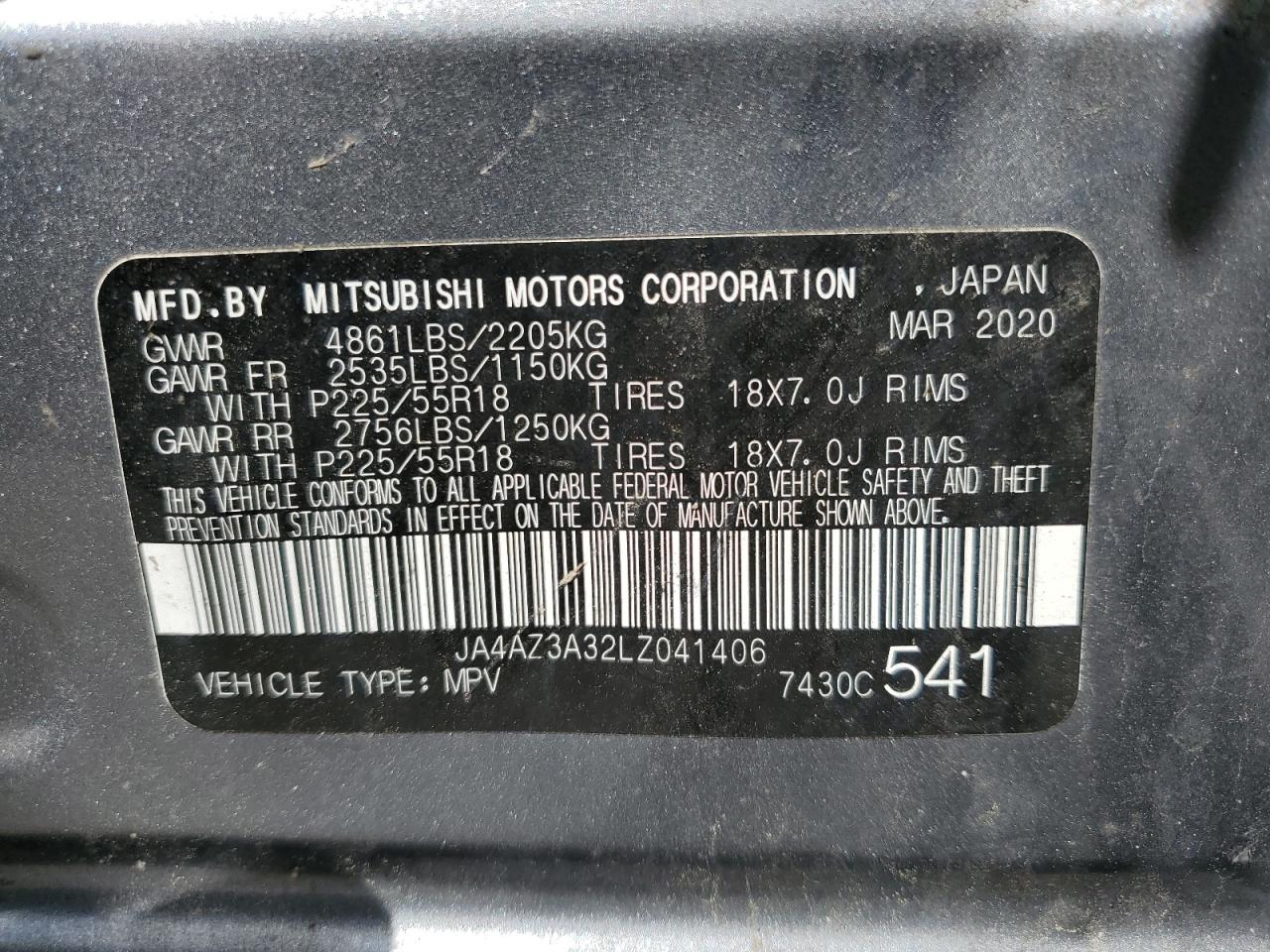 2020 Mitsubishi Outlander Se VIN: JA4AZ3A32LZ041406 Lot: 67086954