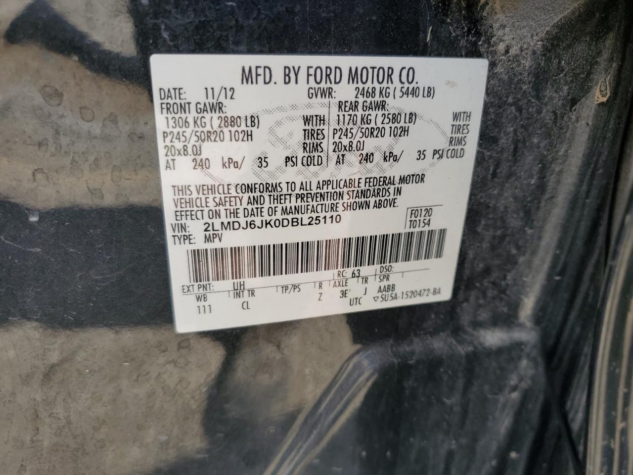 2013 Lincoln Mkx VIN: 2LMDJ6JK0DBL25110 Lot: 89855425