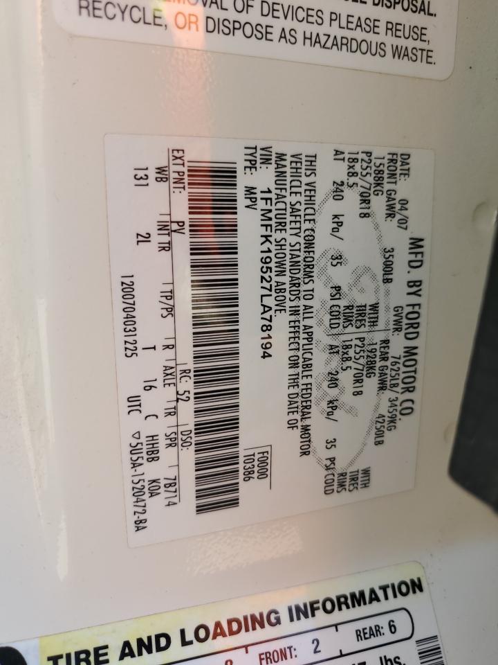 2007 Ford Expedition El Limited VIN: 1FMFK19527LA78194 Lot: 65313744