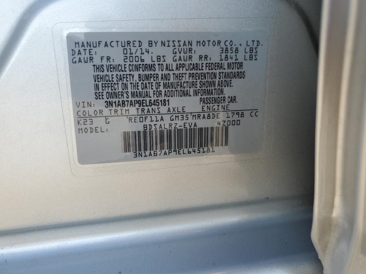 3N1AB7AP9EL645181 2014 Nissan Sentra S