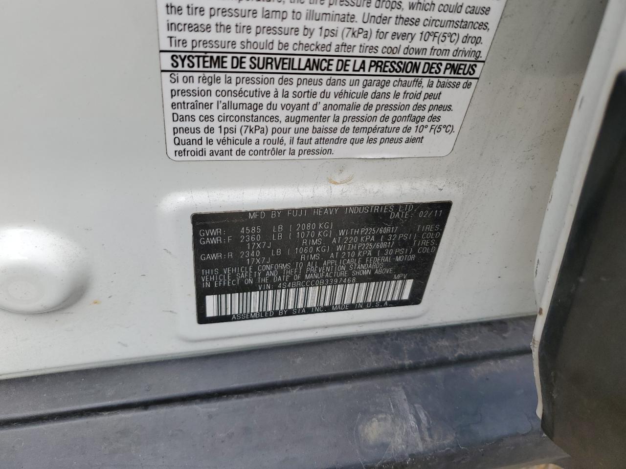 2011 Subaru Outback 2.5I Premium VIN: 4S4BRCCC0B3397468 Lot: 84536734