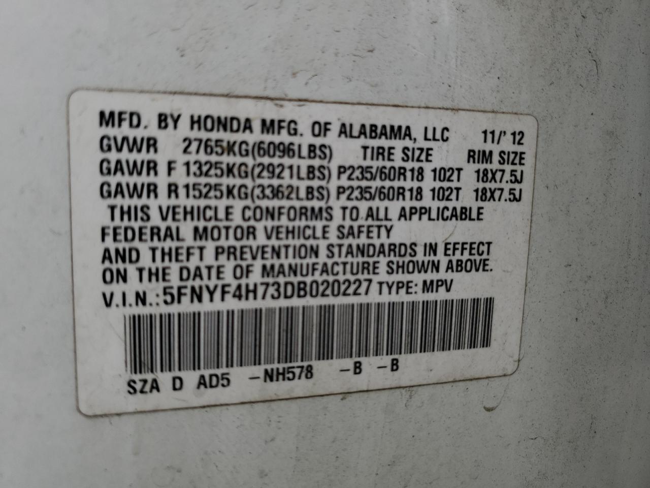 5FNYF4H73DB020227 2013 Honda Pilot Exln