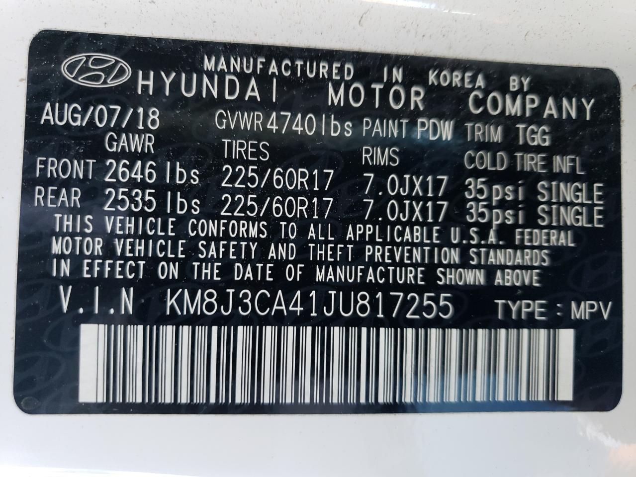 KM8J3CA41JU817255 2018 Hyundai Tucson Sel