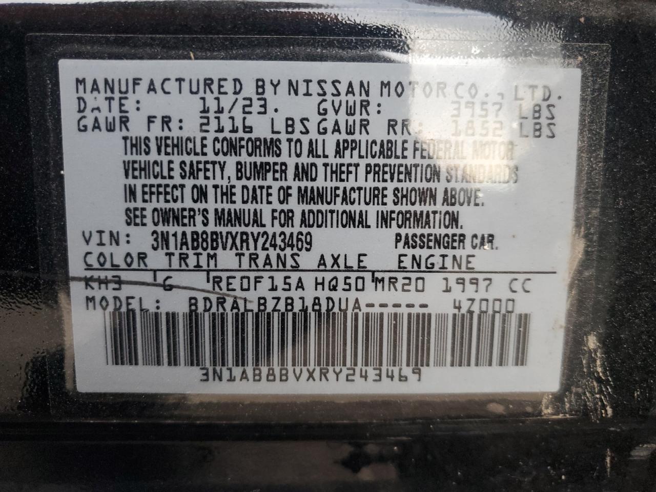 2024 Nissan Sentra S VIN: 3N1AB8BVXRY243469 Lot: 69100584