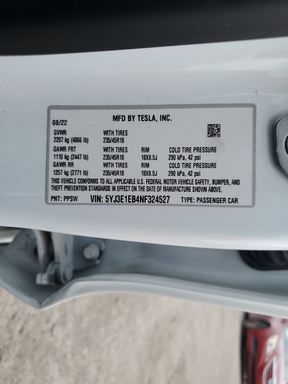 5YJ3E1EB4NF324527 2022 Tesla Model 3