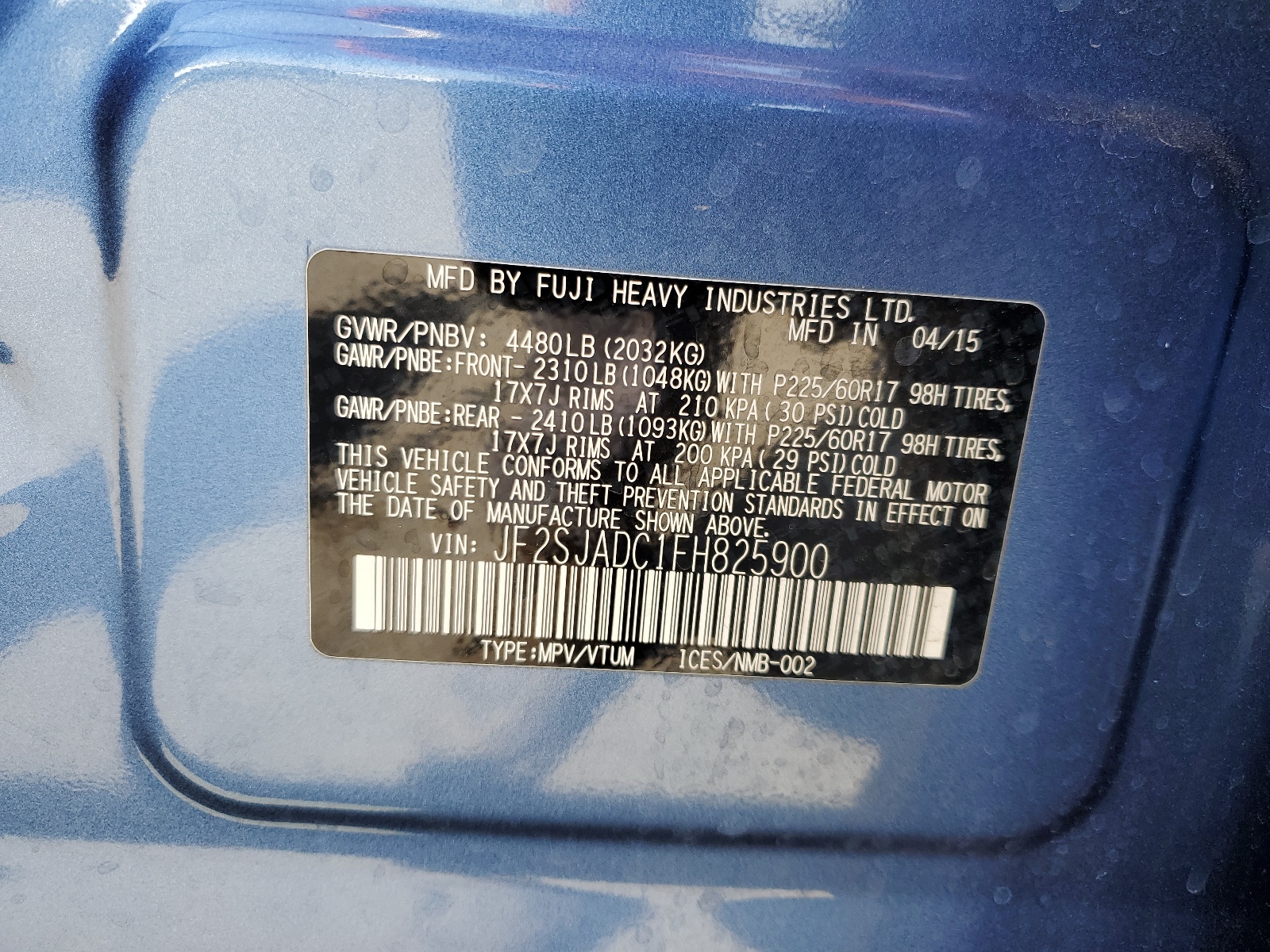 JF2SJADC1FH825900 2015 Subaru Forester 2.5I Premium