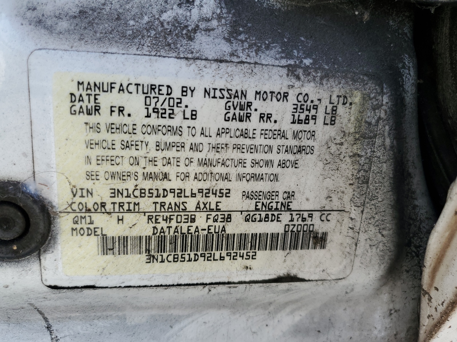 3N1CB51D92L692452 2002 Nissan Sentra Xe