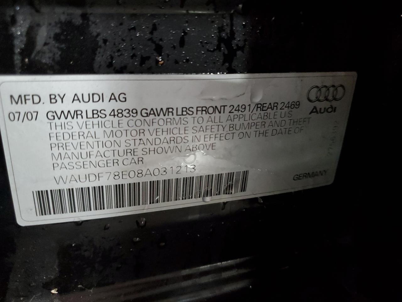 2008 Audi A4 2.0T Quattro VIN: WAUDF78E08A031213 Lot: 68468874